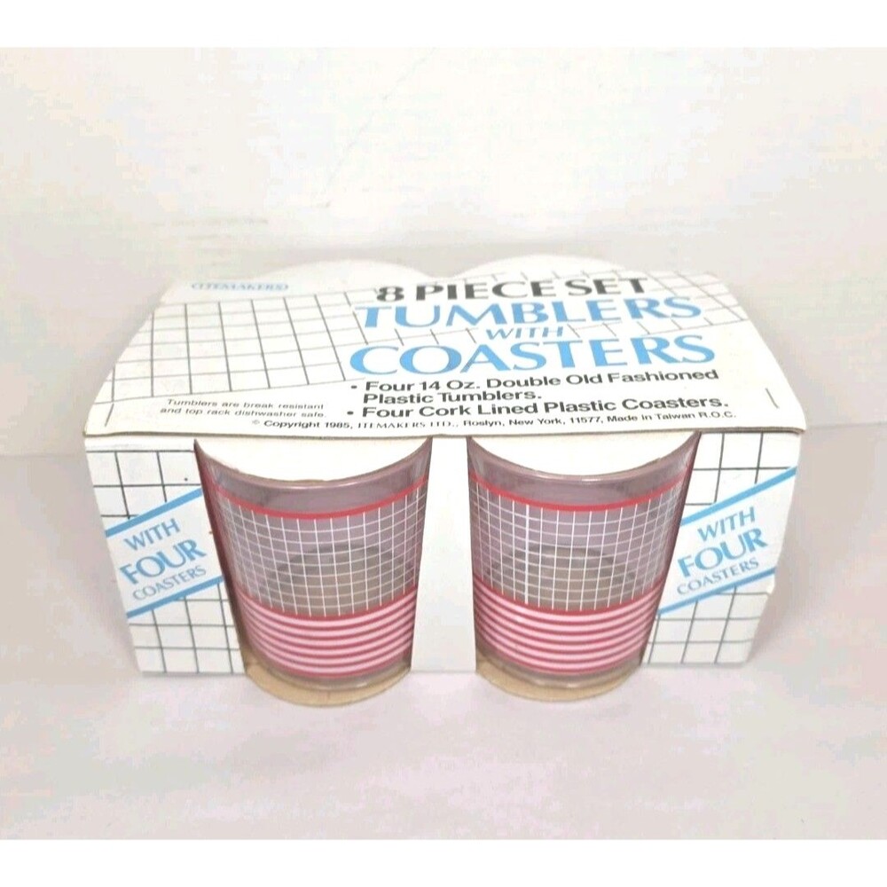 NOS 8 Piece Vintage ITEMAKERS Tumbler and Coaster Set 1985 MCM red and white